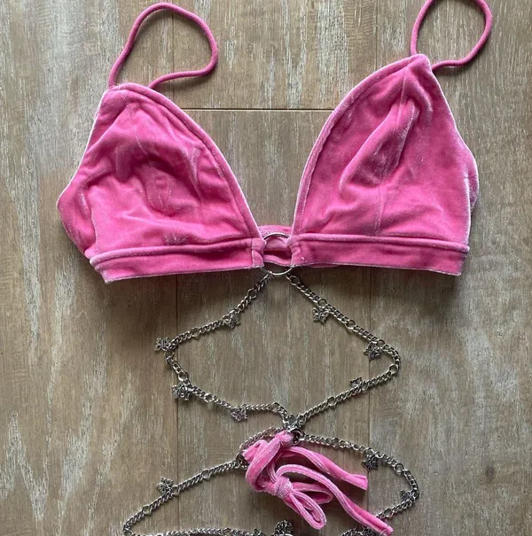 Pink velour butterfly chain bodycon cut out halter dress S NEW - Image 2