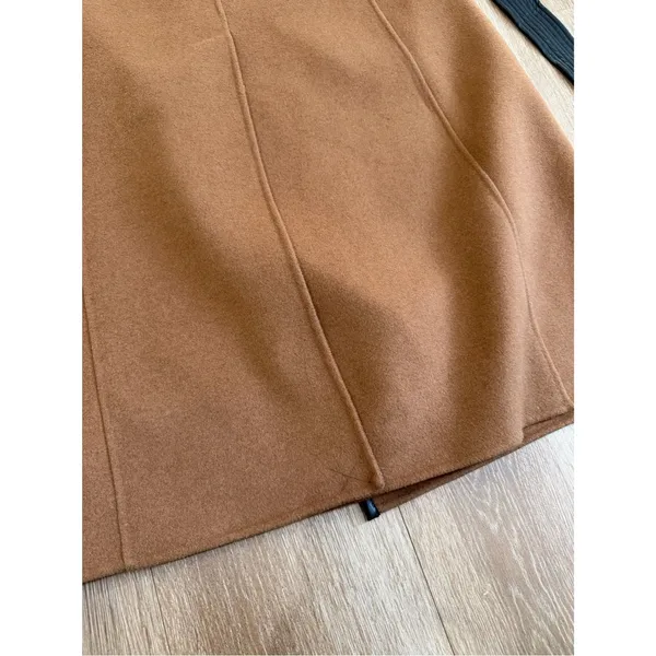 Tahari Wool Blend Faux Leather Trim Belted Coat Caramel Size Medium - Image 15