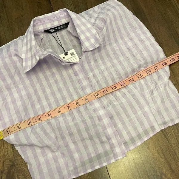 Zara Cropped Lilac Gingham Shoulder Padded Poplin Shirt - Image 4