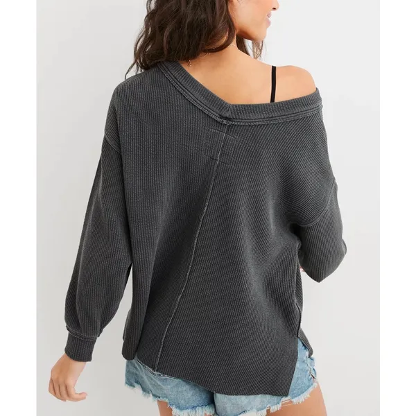 Aerie Wonder Textured V-Neck Sweatshirt Gray Small Oversized Waffle Knit Lounge - Image 2