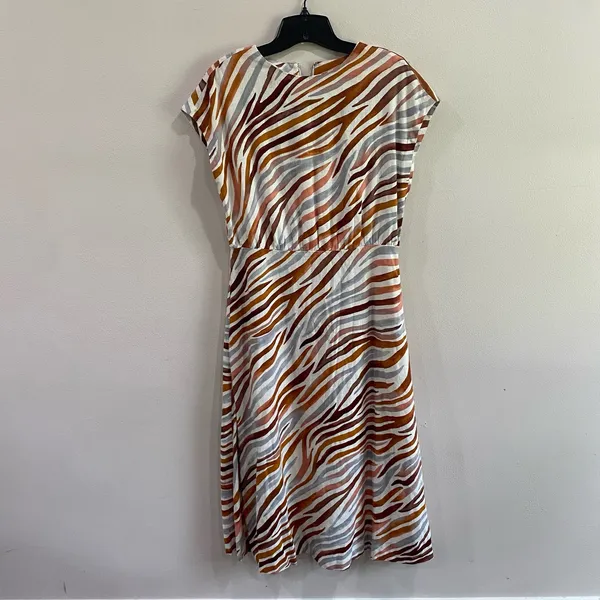 Ann Taylor Linen Blend‎ Midi Zebra Stripe Mock Neck Flare Dress Size 0 - Image 4