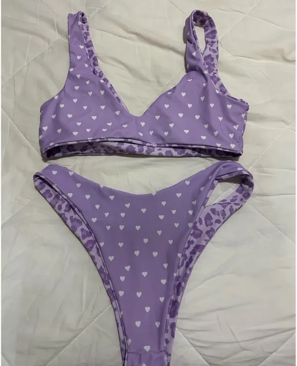 Zaful NWOT Reversible Pink Heart Leopard Print Swimsuit Set - Image 11