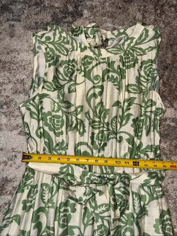 Sleeveless Cream Maxi Dress with Green Floral Print and Waist Tie - Image 11