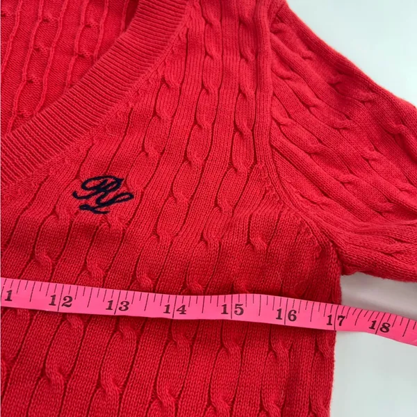 Polo Ralph Lauren Y2k‎ cable Red V-Neck Sweater embroidered initial sz S - Image 4