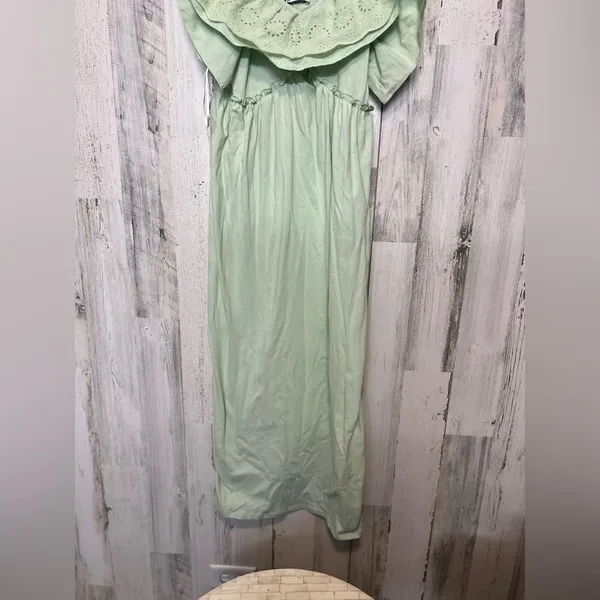 ZARA Green Eyelet Ruffle Maxi Dress Small Off Shoulder Cottagecore Summer - Image 4