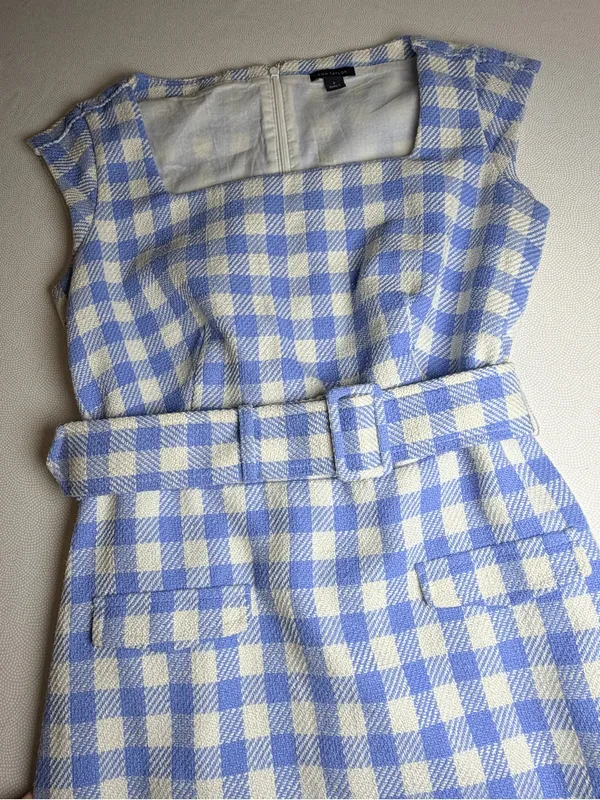 Ann Taylor Blue White Gingham Belted Sheath Dress Size 0 - Image 8