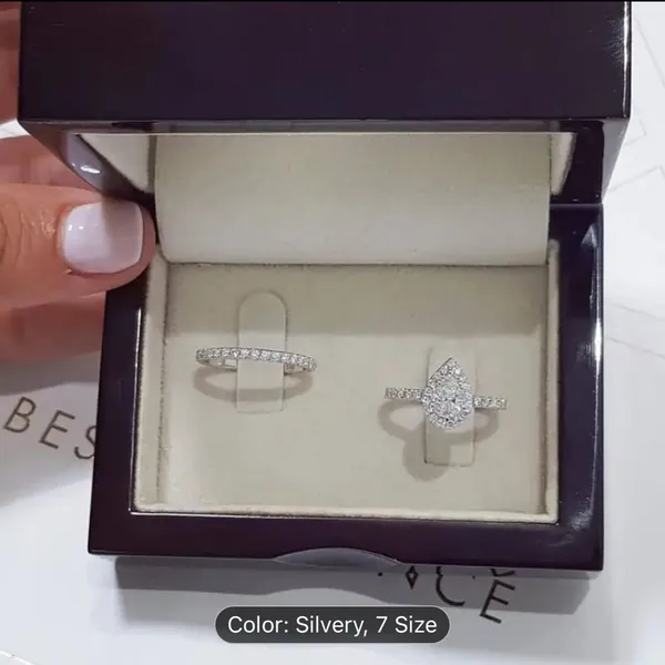 2pc Exquisite Silvery Alloy Teardrop Cubic Zirconia Bridal Set Rings - Image 2