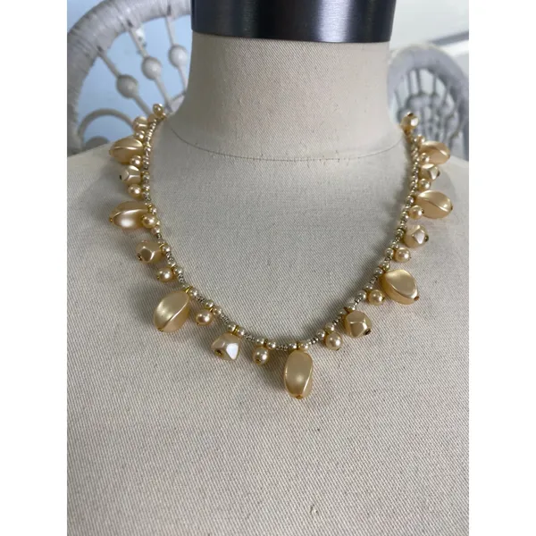 Gold Pearl Drop Beaded‎ Necklace Champagne Teardrop Beads Elegant Statement - Image 4