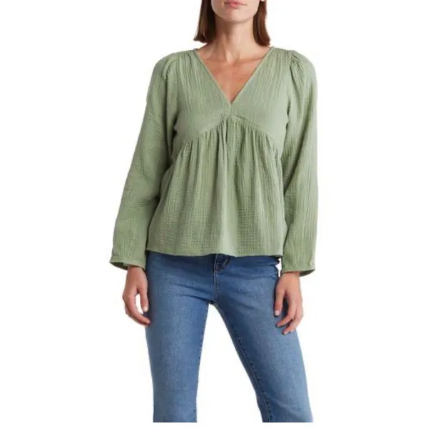 Madewell Women Sz Med Sage Green Peasant Boho Babydoll Top Cotton Gauze - Image 6