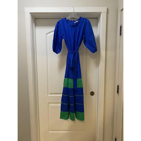 Maude Vivante Miley Dress Womens Small Blue Green Colorblock Tiered Maxi Belted - Image 2