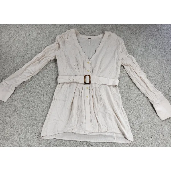 Free People Womens Belted‎ Top Medium Cream Solid Button Down Long Sleeve Blouse - Image 3