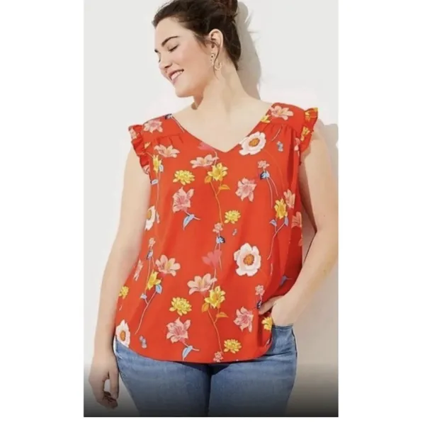 LOFT Women's Orange Red Lily Bar Back Shell Floral Flutter‎ Sleeve Blouse Size M - Image 2
