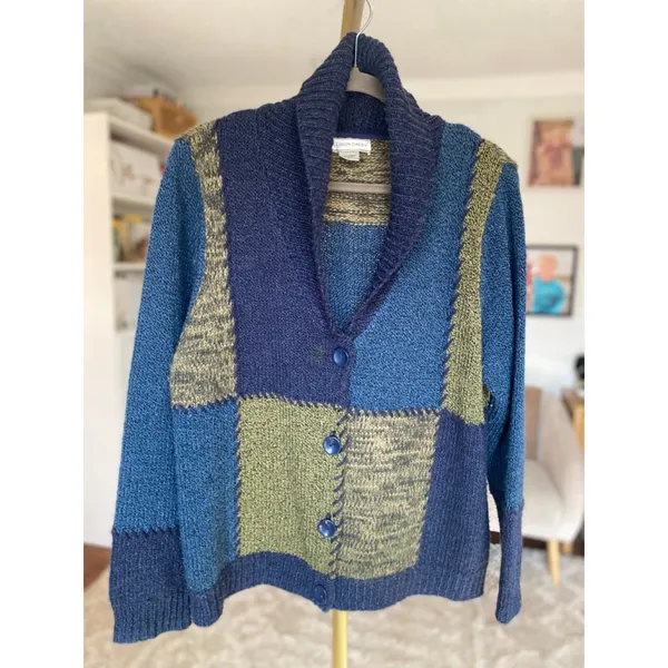 Vintage Patchwork Knit Cardigan Allison Daley Shawl Collar Quiet Luxury Boho L - Image 2
