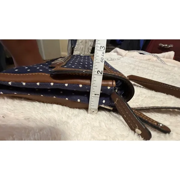Chaps Navy Blue Polka Dot Crossbody Bag Brown Trim Canvas Small Messenger Purse - Image 15