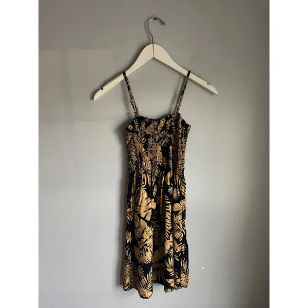 Tropical Palm Print Smocked Sundress Black Tan Adjustable Straps Mini - Image 2