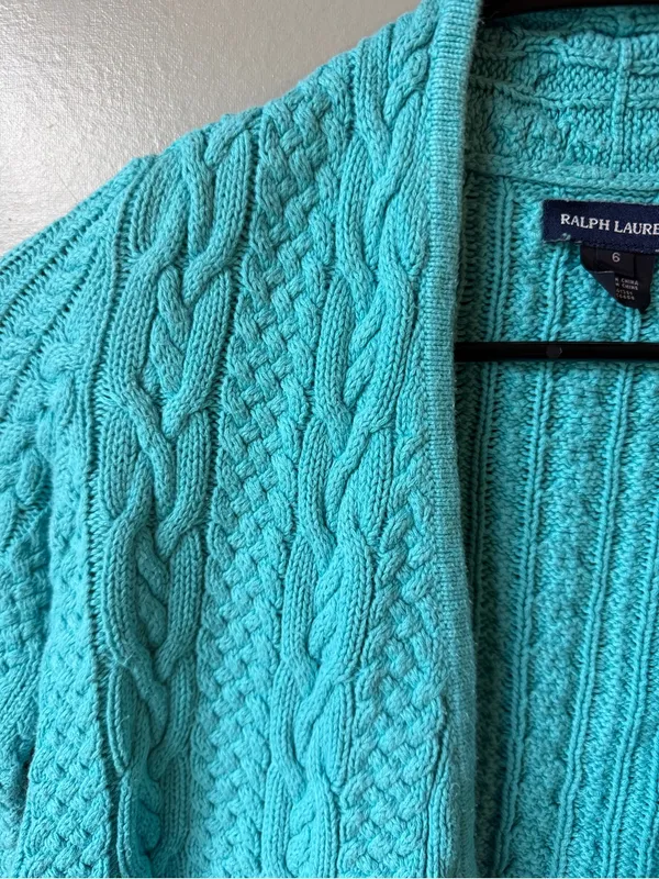 Ralph Lauren Turquoise Cable Knit Open Front Cardigan Size 6 - Image 4