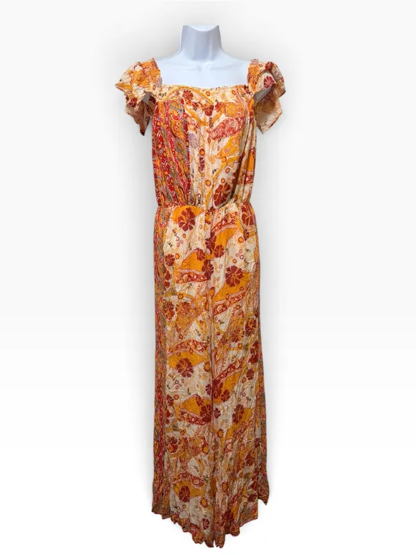 Free People Orange Bohemian Floral Print Smocked Wide Leg Jumpsuit Small - Image 2
