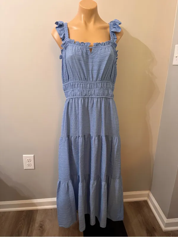 Moda Tara Women's Windowpane Ruffle Midi Dress Peri 10 Blue Tiered Crinkle - Image 2