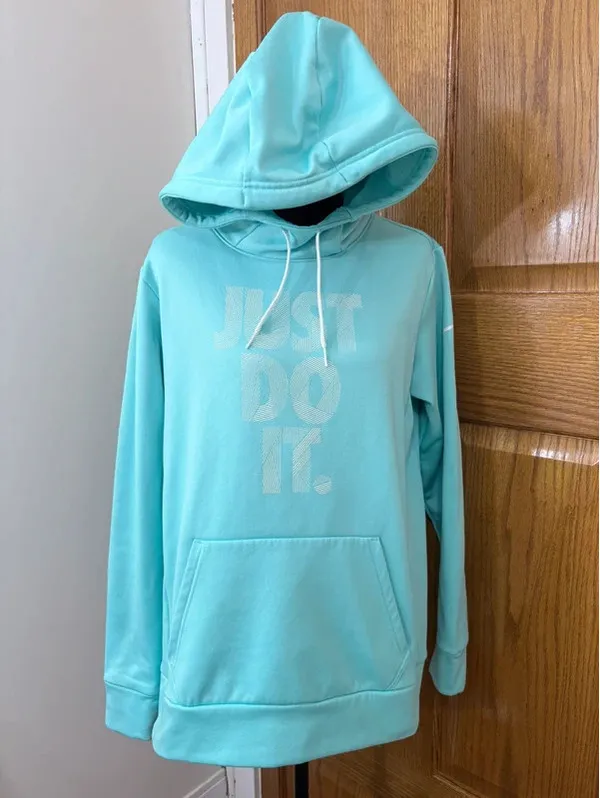 Nike Dri-FIT Hoodie M Aqua Blue Just Do It Pullover Kangaroo Pocket - Image 2
