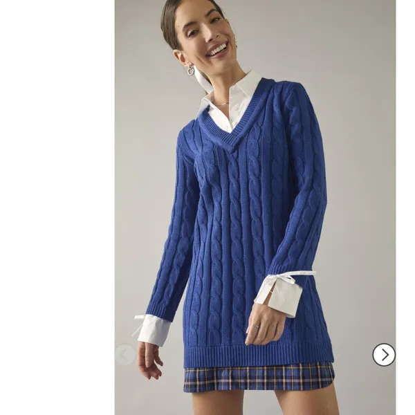 NWT Francesca's Audrey Parks Sweater Dress Shirt Combo Blue Cable Knit Medium‎ - Image 3