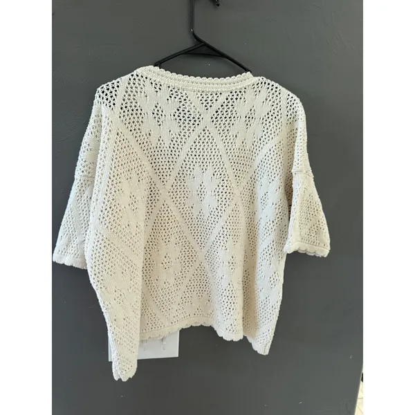 Yarnworks Vintage 90s Large Cream Cotton Open Knit Diamond Pointelle Sweater USA - Image 3