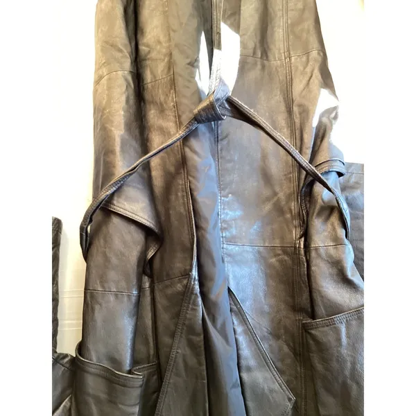 Learsi Vintage Black Leather Trench Coat Longline Belted Jacket Large - Image 5