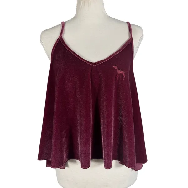 PINK Victoria's Secret Velvet Cami Womens M Burgundy Swing Spaghetti Strap Dog - Image 14