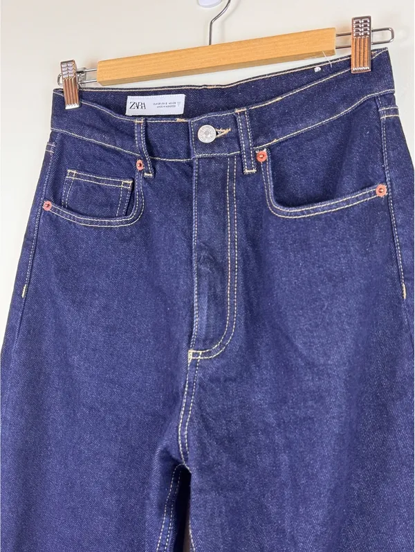 Zara High Rise Wide Leg Jeans Dark Indigo Blue 100% Cotton Size US 6 EU 38 - Image 8