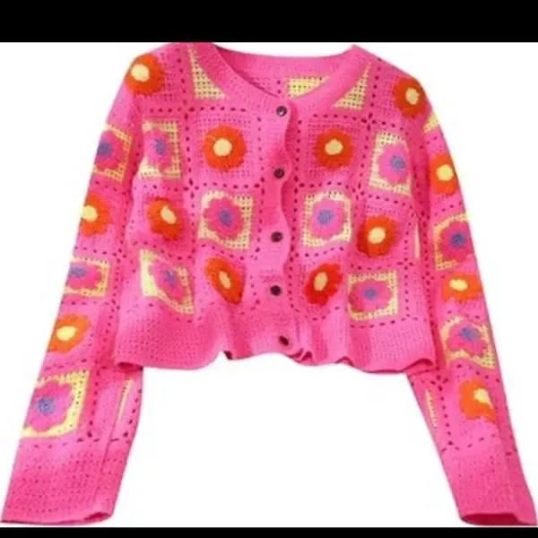 Crochet Floral‎ Knit Cardigan Y2K - Image 3