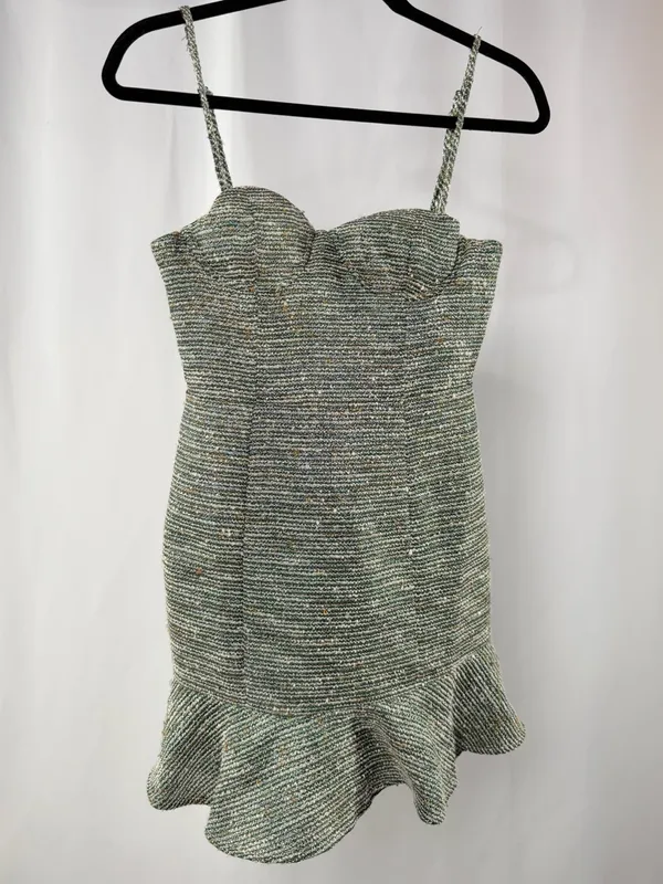 Lovers + Friends Tweed Aubrey Ruffle Hem Mini‎ Dress in Metallic Green Size XS - Image 4