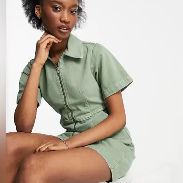 Topshop Clean Front Zip Denim Mini Shirtdress Dress in‎ Light Olive Green Size 4 - Image 2