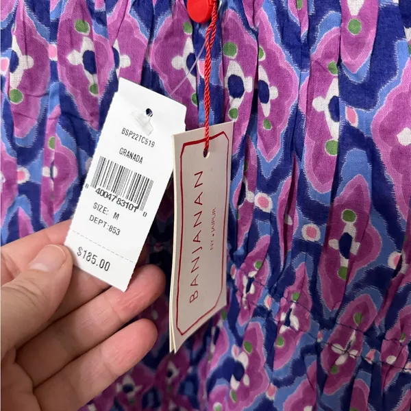 NWT Banjanan‎ Halo Cotton Top Blouse Abstract Print Smocked Puff Sleeve Purple M - Image 5