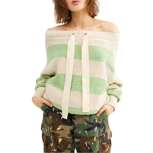 Free People Cassidy Off the Shoulder Pullover‎ Sweater Green Stripe Relaxed - Image 8