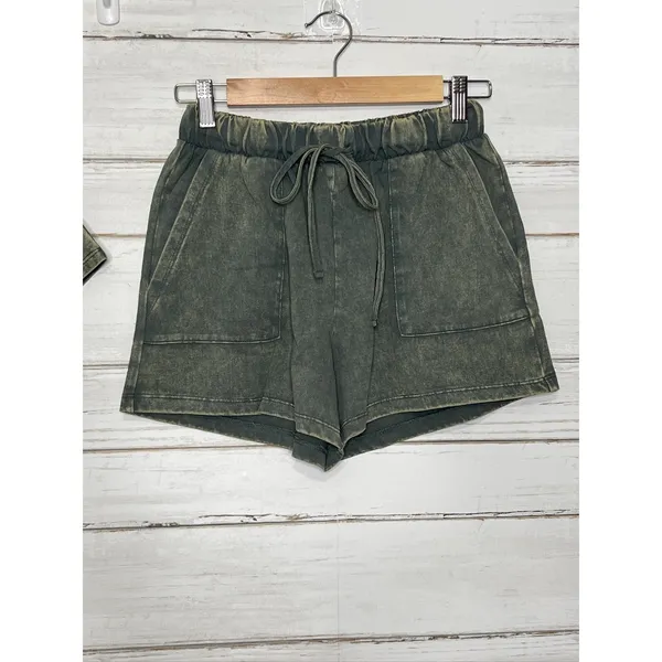 Zenana Acid Wash T-Shirt & Shorts Matching Set Small Dark Green Cotton Lounge - Image 7