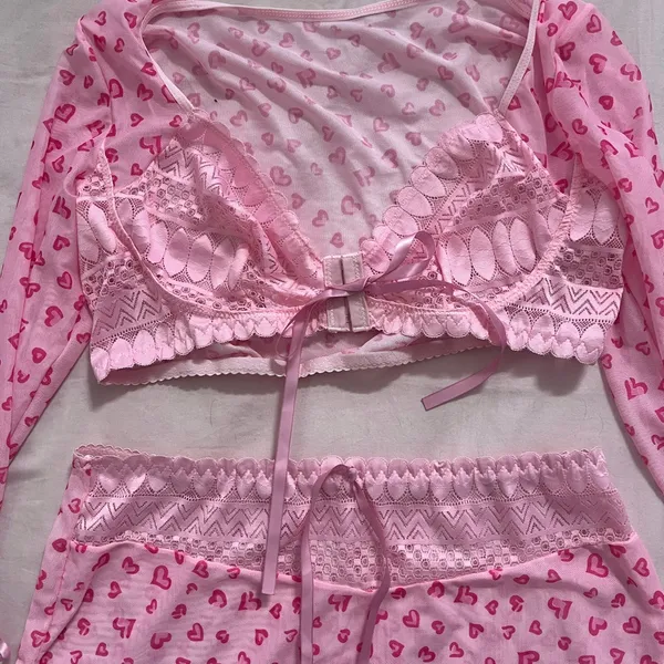 Pink Coquette Heart-Print Two-Piece Bell Sleeve Set - Image 3