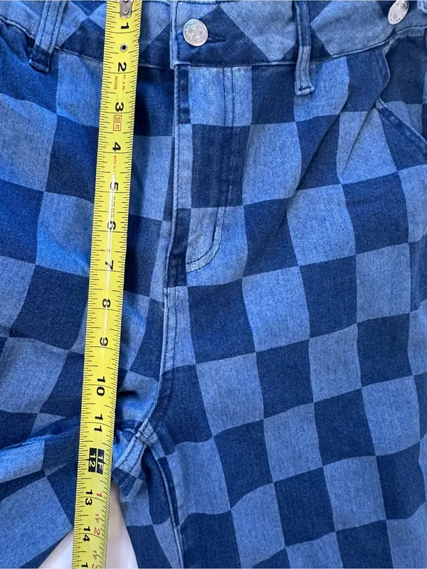 Women’s Blue Checkered Wide-Leg Jeans - Image 5