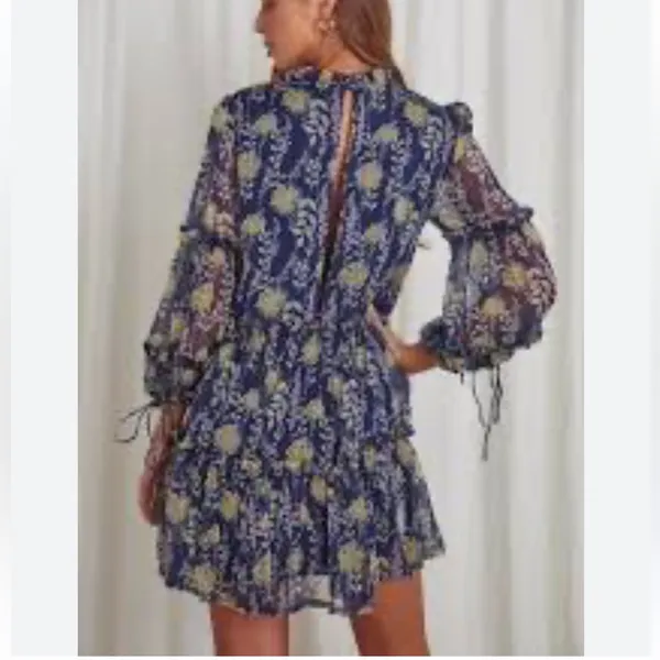 Selfie Leslie Beatrix high neck ballon sleeve Floral Navy Blue Dress - Image 2