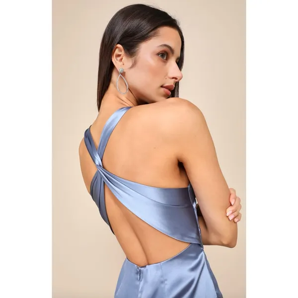 Lulus Purely Elegant Slate Blue Satin Twist Back Maxi Dress Long Formal XL NWT - Image 4