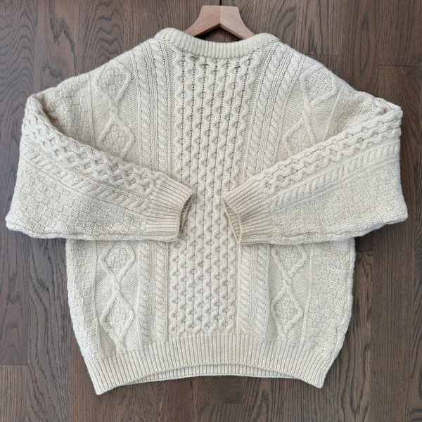Anthropologie Vintage Celtic Country 100% Wool Irish Cable Knit Crew Neck Sweater Cream Large - Image 8