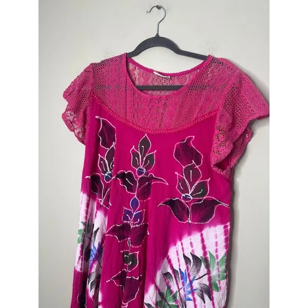 Pepper‎ Free Size Pink Dress Asymmetric Floral Tie Dye Lace Beachy Boho Hippie - Image 2
