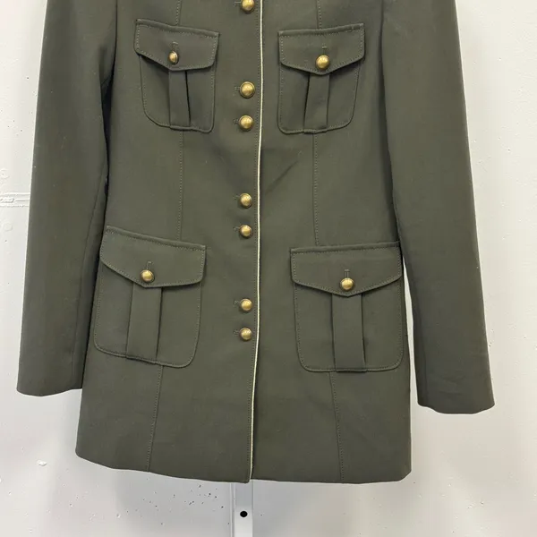 White House Black Market Olive Green Longline Military‎ Jacket Gold Buttons XS - Image 4