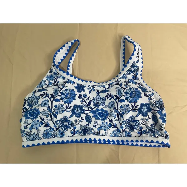 Womens Blue White Floral High Waisted Bikini Set Scallop Trim XL - Image 7