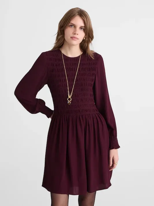 Madewell Long Sleeve Smocked Mini Dress Dark Pomegranate Purple NWT $148‎ Large - Image 11