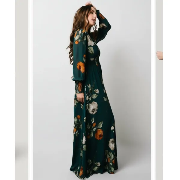Baltic Born Olivia Teal Green Floral Smocked V-Neck Maxi Dress Long Sleeve 2XL - Image 2