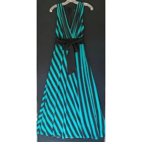 Eva Franco Maxi Dress Womens 6 Teal Black Striped‎ V-Neck Chiffon Gown CF338-H - Image 3