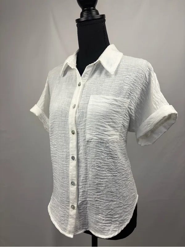 Monteau White Crinkled Short Sleeve Button-Down Shirt Medium - Image 3