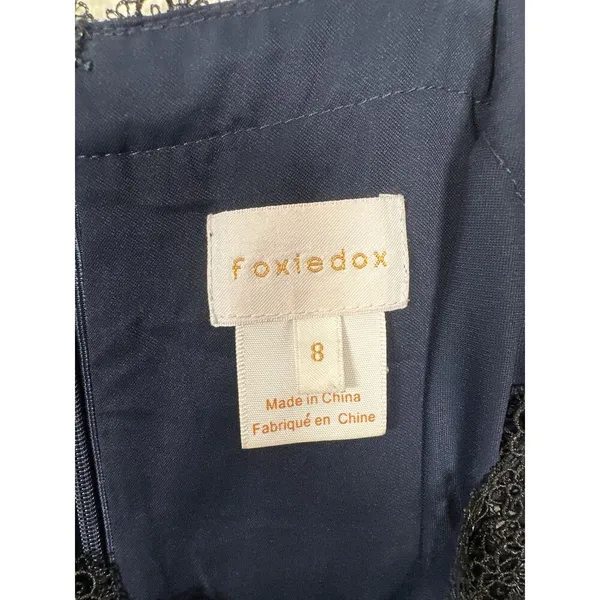FOXIEDOX Carolina Floral‎ Midi Lace Trim Dress Blue Whimsy Asymmetrical Hem Sz 8 - Image 8