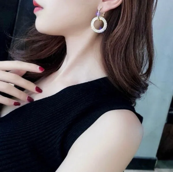 Women's AAA CZ Diamond Double Circles Silver Hoop Earrings - Image 4