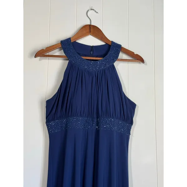 Jessica Howard Womens Evening Dress Blue Halter Beaded Neck & Waist Size 12 - Image 3