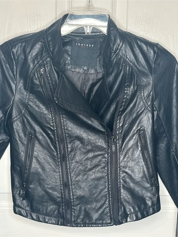 Therapy Black Faux Leather Moto Jacket Sz S Zippers - Image 3